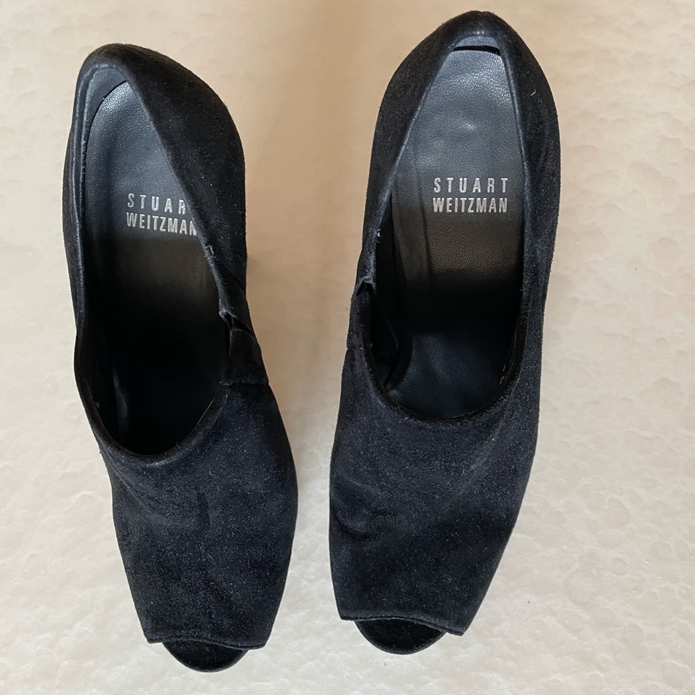 Stuart Weitzman peep toe suede platforms